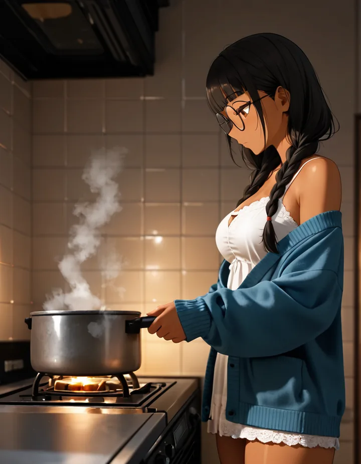 夜の台所で鍋をかき混ぜる女性